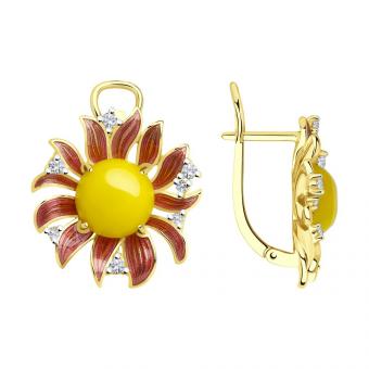 Sokolov Серьги из серебра 925 пробы с янтарём, кристаллами циркония и эмалью