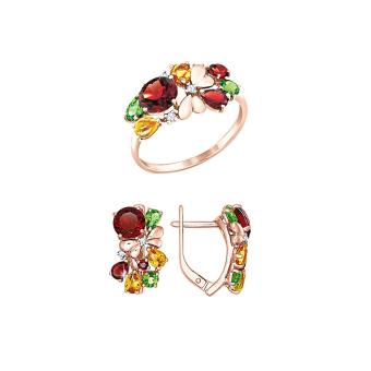 Комплект украшений из красного золота 585 пробы - кольцо и серьги с миксом камней