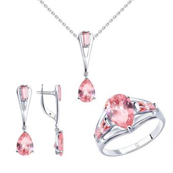 SET Ladies ring, earrings, pendant in 925 silver with pink cubic zirconia + free ladies necklace in silver in 55cm | Kaufbei jewelry