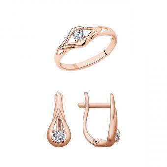 Sokolov set: earrings and ladies ring in 925 silver gold plated with cubic zirconia
