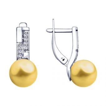Серебряные серьги 925 пробы с жёлтым жемчугом Swarovski и фианитами