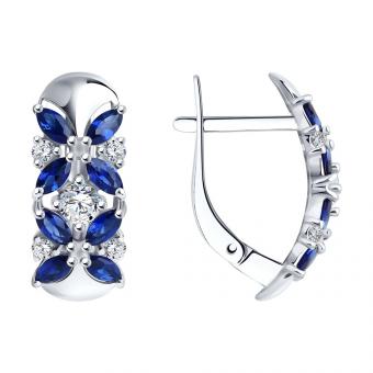 Серебряные серьги 925 пробы с гидротермальными сапфирами и фианитами