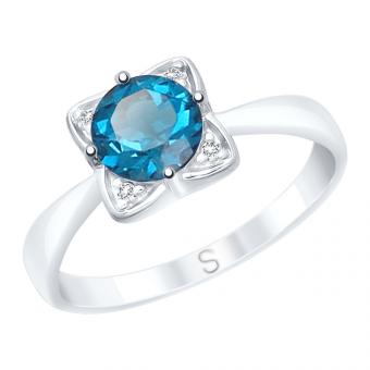 Кольцо из серебра с синим топазом и фианитами