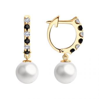 Золотые серьги 585 пробы с жемчугом​ и фианитами