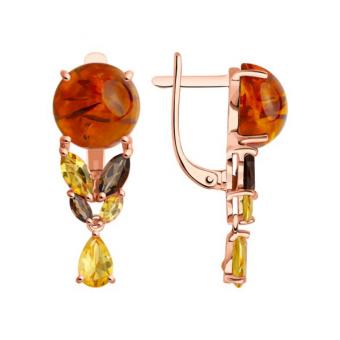 Sokolov Серьги из золота 585 пробы с янтарём, цитрином и раух-топазом
