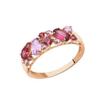 Sokolov Damenring aus 585 Rotgold mit Rhodolithen und Amethysten