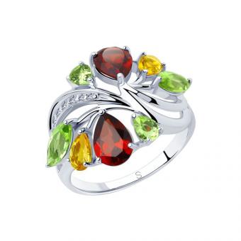 Sokolov Кольцо из серебра 925 пробы, с цитрином, хризолитом, гранатом и фианитами