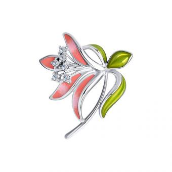 Серебряная брошь 925 пробы с эмалью и фианитами