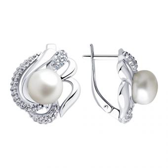 Серьги из серебра с жемчугом и фианитами