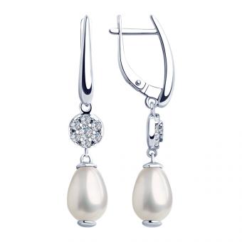 Серьги из серебра с жемчугом Swarovski и фианитами