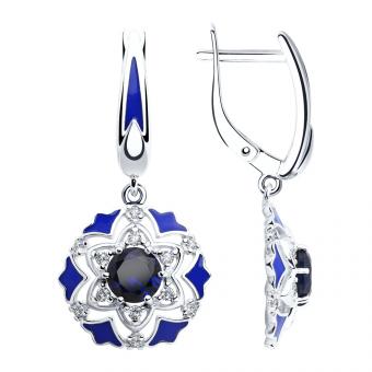 Серьги из серебра с эмалью и синими корундами и фианитами