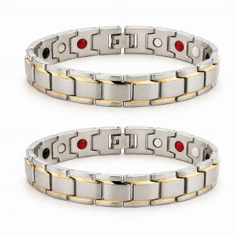 1+1 Set: 2 x Vivalette Bioenergetisches Magnetarmband aus Edelstahl mit 18K Goldakzenten