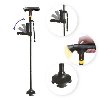 StabilStock - Stabilgehstock mit Doppelgriff, LED & 4-Fuß-Stand für Sicherheit