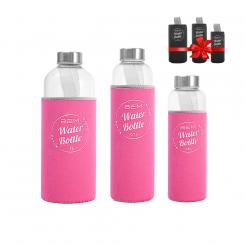 Water Bottle-SET: Trinkflaschen in 3 Größen mit Hüllen-Sets (schwarz+farbig)