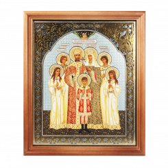 Ikone "Zarenfamilie" Holzumrahmung, Doppelprägung, unter Glas, 11 x 13 cm