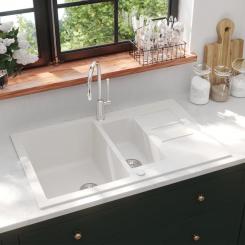 Küchenspüle mit Doppelbecken Weiß Granit