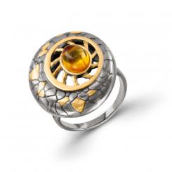 Erstaunlicher Damenring, Silber 925, vergoldet, rhodiniert, mit Bernstein, Breite ca. 23 mm