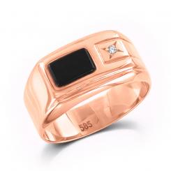 Стильное мужское кольцо из красного золота 585 пробы, с ониксом и фианитом.