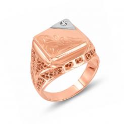 Впечатляющее мужское кольцо из красного золота 585 пробы, украшенный фианитом и узорами, вес ≈ 9,0 гр.