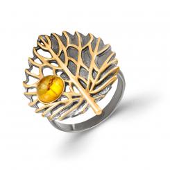 Ladies' ring in leaf shape made of 925 silver, gold-plated, rhodium-plated, with amber