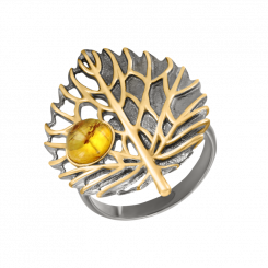Damenring in Blattform aus 925 Silber, vergoldet, rhodiniert, mit Bernstein