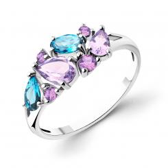 Потрясающее женское кольцо из серебра 925 пробы с аметистами, фианитами и топазами