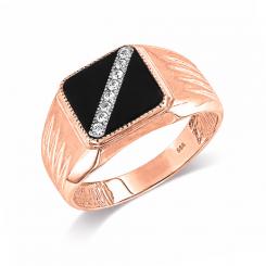 Ansprechender Herrenring, Rotgold 585, mit Onix und Zirkonia, Gewicht ca. 7,2 g