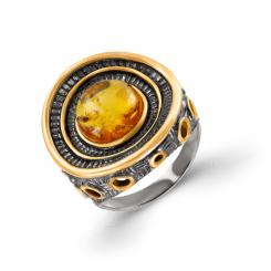Exceptional ladies' ring in silver 925, gold-plated 999 and rhodium-plated, with amber