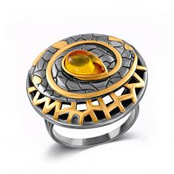 Eye-catching ladies' ring in 925 silver, gold-plated, rhodium-plated, with amber