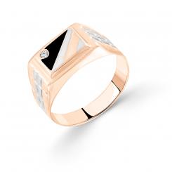 Ausdrucksstarker Herrenring, Rotgold 585, rhodinierter, mit 1 Zirkonia und schwarzer Emaille, Größe des oberen Pads ca. 10x14 mm