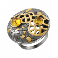 Damenring aus Silber 925, vergoldet, rhodiniert, mit Bernstein, Durchmesser ca. 28 mm