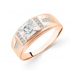 Эффектное мужское кольцо из русского красного золота 585 пробы, покрытое родием, с алмазной гранью, и 13 фианитами, ширина спереди ≈ 8 мм.