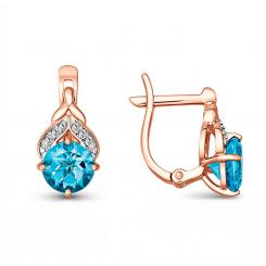 Серьги из красного золота 585 пробы, с голубыми топазами ≈ 6 мм и фианитами