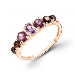 Charming women's ring, Russian red gold 585, with 4 garnets, 2 rhodolites and 1 amethyst - size approx. 5x3 mm