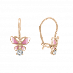 Прекрасные серьги в форме бабочек из красного золота 585 пробы, с эмалью и фианитами, высотой ≈ 16 мм. 