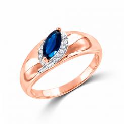 Изысканное женское кольцо из красного золота 585 пробы, инкрустированное 12 бриллиантами 0,037 ct. WSI и  сапфиром ≈ 8x4 мм, ширина ≈ 8,2 мм.