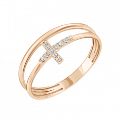 Изящное женское кольцо с крестом из русского красного золота 585 пробы, с вставками из 11 фианитов.