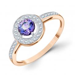 Женское кольцо, красного золото 585 пробы, с танзанитом - диаметр ок. 6 мм, с фианитом, диаметр головки кольца ок. 10 мм