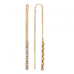 Threader earrings, russian red gold 585, with cubic zirconia, length approx. 65 mm