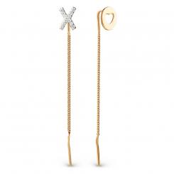 Threader earrings, russian red gold 585, with cubic zirconia, length approx. 52 mm