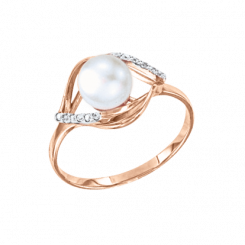 Attractive ladies ring, red gold 585, with natural pearl and zirconia