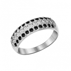 Stylish women's ring, silver 925, with 22 black zirconia and 11 colorless zirconia