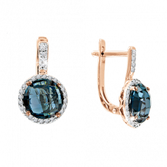 Beautiful earrings in red gold 585, with brilliant-cut diamonds 0.15 ct. WSI and London Blue topaz, height approx. 18 mm 