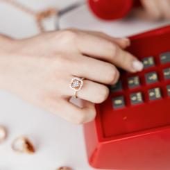 Women's ring, russian red gold 585, with zirconia, decorative part size approx. 11х11 mm, weight of the piece of jewelry: approx. 3,62 gr. 