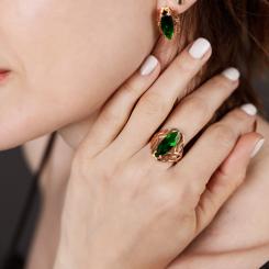Charming women's ring, russian red gold 585, with green zirconia