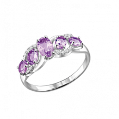Beautiful women's ring, silver 925, with 5 amethysts and 12 cubic zirconia, front width approx. 7 mm