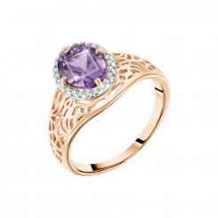 Beautiful women's ring, russian red gold 585, with amethyst and zirconia