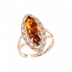 Elegant women's ring in russian red gold 585, with amber