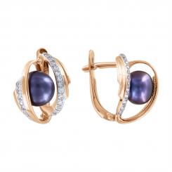 Elegant earrings, russian red gold 585, with pearl and zirconia, height approx. 15 mm