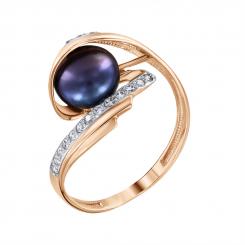 Women's ring, russian red gold 585, with pearl and cubic zirconia, pearl diameter approx. 7 mm